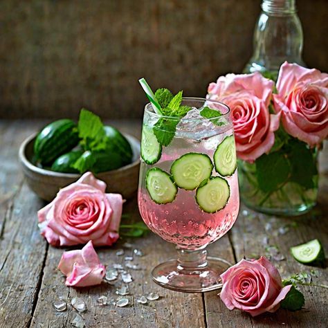 How To Make Rose Water and Cucumber Spritzer Print A refreshing and fragrant drink made with rose water and cucumber, perfect for a Rose Recipes Food, Potion Drinks, Cucumber Spritzer, Rose Water Drink, Rose Water Recipe, Glowing Skin Juice, Make Rose Water, Rose Drink, Spritzer Recipes