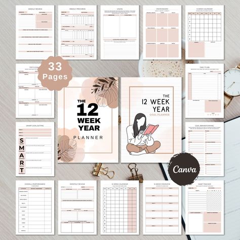 12 Week Year Planner Template | Printable 90 Day Goal Planner SMART Goal Setting Editable 12-Week Year Template Canva Template Task Tracker 90 Day Planner, 12 Week Year Templates Free, 12 Week Year Templates, Year Planner Template, 12 Week Planner, 12 Week Year Planner, Goal Planner Template, 12 Week Year, Planner Template Printable