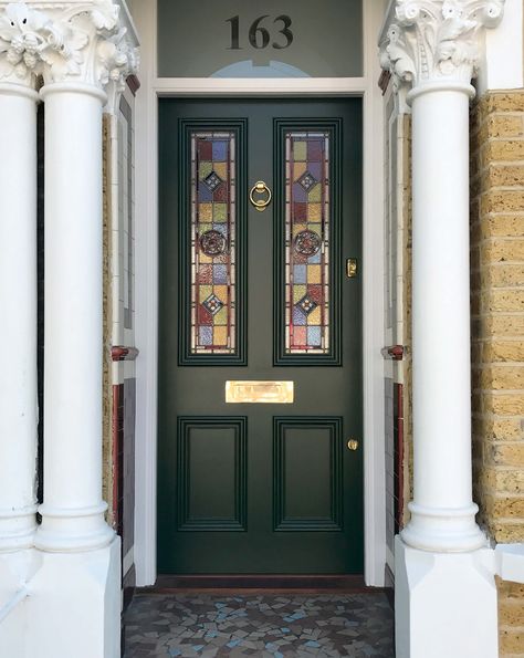 Stunning green Victorian door designed and hand-made with coloured stained glass panels, opaque fanlight with inlaid door number, and classic brass door furniture. Victorian Doors Front Entrance, Victorian Front Door Ideas, Stained Glass Front Door Victorian, Victorian Stained Glass Door, Door Colour Ideas, Stained Glass Doors Entrance, Stained Glass Front Door, Green Front Door, Victorian Front Door