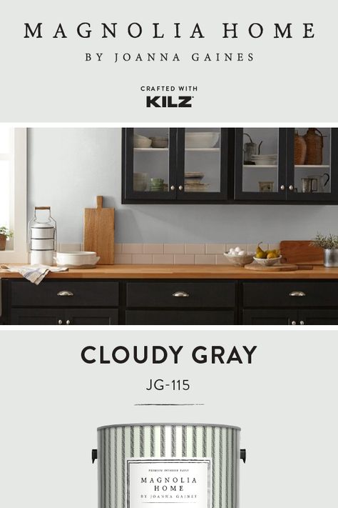 Cloudy Gray Magnolia Paint, Joanna Gaines Kitchen Cabinets, Black Painted Kitchen Cabinets, Homestead Interior, Magnolia Home Paint Colors, Trim Update, Magnolia Home Paint, Porch Update, Joanna Gaines Kitchen