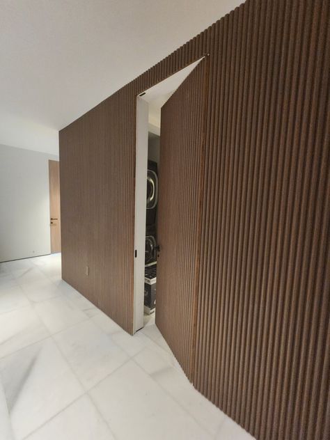 WALL PANEL + INVISIBLE DOORS Hidden Door In Office, Hidden Door Wallpaper, Flush Hidden Door, Wood Slat Wall Hidden Door Diy, Invisible Doors Ideas Bedroom, Hidden Door Detail, Invisible Doors Interior, Hidden Wall Door, Sweden Street