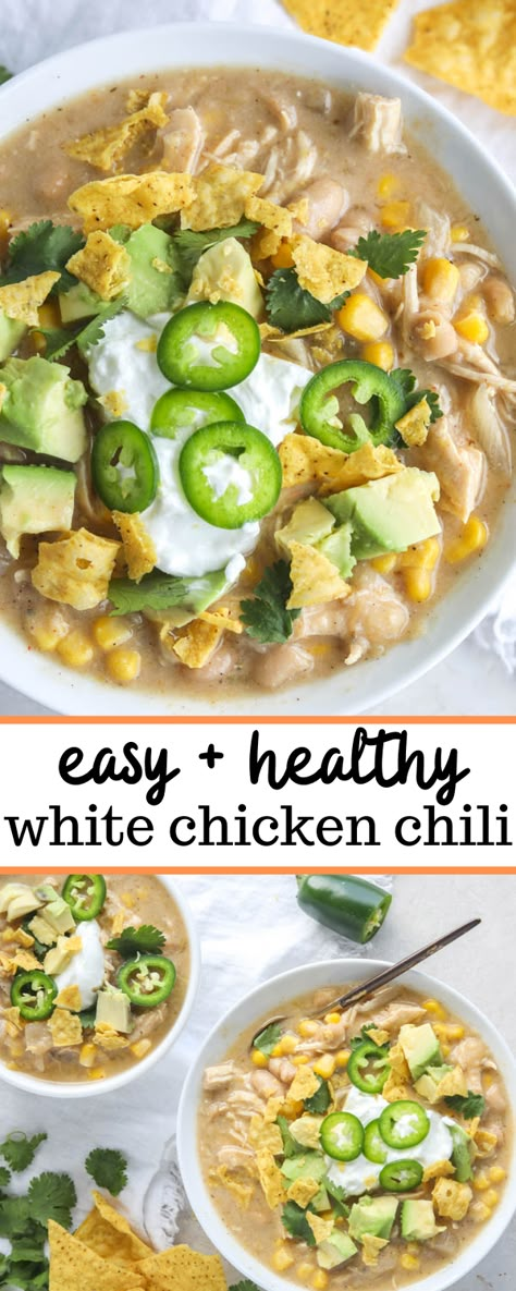 Healthy White Chicken Chili, Easy White Chicken Chili, Chili Recipe Stovetop, Erin Lives Whole, White Chicken Chili Healthy, White Chicken Chili Recipe, Chicken Chili Crockpot, Crockpot White Chicken Chili, White Chili Chicken Recipe