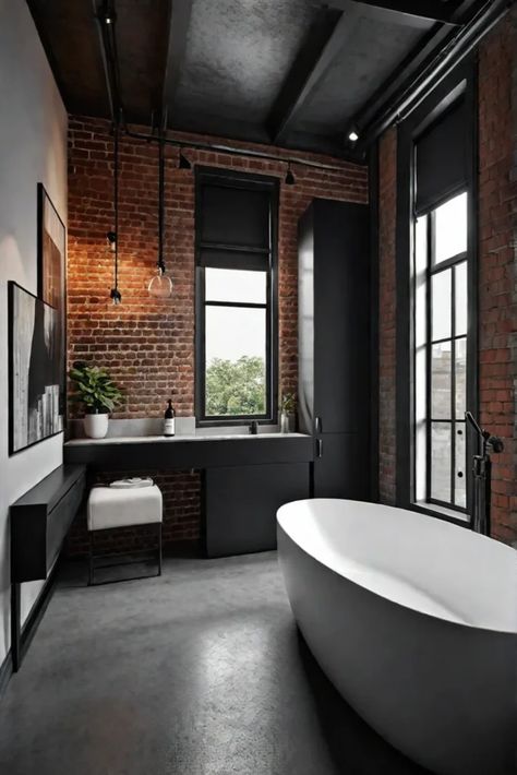 Industrial bathroom concrete flooring minimalist design Poured Concrete Bathroom Floor, Black And Concrete Bathroom, Bathroom With Concrete Floor, Concrete Floors Bathroom, Bathroom Ideas Industrial, Concrete Floor Bathroom, Bathroom Industrial Style, Industrial Design Bathroom, Minimalist Industrial Interior Design