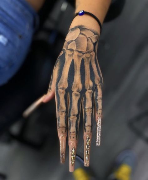 Bone Hand Tattoo, Skeleton Hand Tattoos, Skull Hand Tattoo, Hand Tattoos For Girls, Cute Hand Tattoos, Hand And Finger Tattoos, Pretty Hand Tattoos, Skeleton Tattoos, Skeleton Hand Tattoo