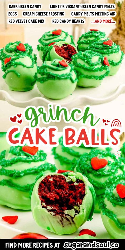 Mint Chocolate Cake Balls, Red Velvet Grinch Balls, Grinch Peanut Butter Balls, Christmas Grinch Cake Balls, Grinch Red Velvet Cake Balls, Grinch Truffle Balls, Grinch Oreo Balls Red Velvet, Grinch Candy Apples, Grinch Night Food Ideas