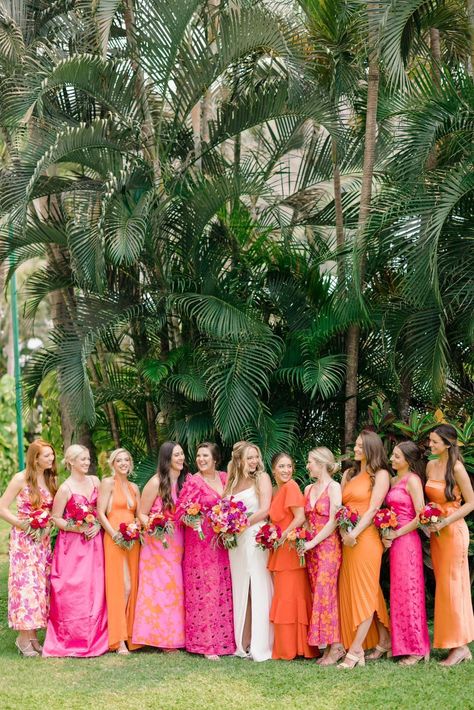 Bridesmaid Dresses Colorful, Bright Bridesmaid Dresses, Colorful Bridesmaids, Orange Bridesmaids, Bridesmaids Pink, Orange And Pink Wedding, Orange Bridesmaid, Orange Bridesmaid Dresses, Mismatched Bridesmaids