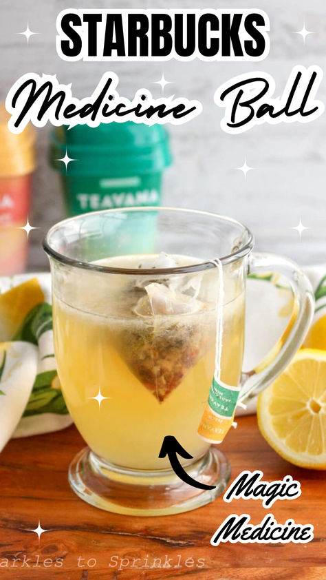 This copycat Starbucks Medicine Ball recipe is a must during cold and flu season as it combines lemonade, peach tranquility tea, Jade citrus mint, a little bit of honey, and peppermint extract to create the perfect drink to help fight off the cold and flu. The best news is it’s so easy to make and you can always have everything right on hand to make it. This is also called Starbucks Honey Citrus Mint Tea now that it has been added to their regular menu. Jade Citrus Mint Tea Starbucks, Starbucks Citrus Mint Tea, Medicine Ball Drink Diy, Starbucks Honey Citrus Mint Tea Recipe, Homemade Starbucks Medicine Ball, Diy Medicine Ball Tea, How To Make A Medicine Ball Starbucks, Medicine Ball Drink Starbucks, How To Make Medicine Ball Tea