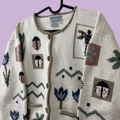 vintage bug flower patterned cropped chunky knit... - Depop Bug Sweater, Chunky Knit Sweaters, Knit Sweaters, Chunky Knit Cardigan, Dreamy Dress, Chunky Knits Sweater, Knit Sweater Cardigan, Chunky Knit, Fern