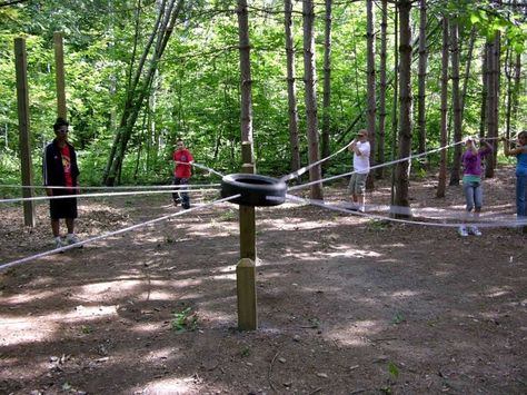 Giant Bull Ring group initiative. | Low Ropes and Outdoor Fun ... Low Ropes Course, Teamwork Games, Scout Games, Building Games For Kids, Therapeutic Recreation, Camp Games, Challenge Course, Youth Group Activities, Event Games