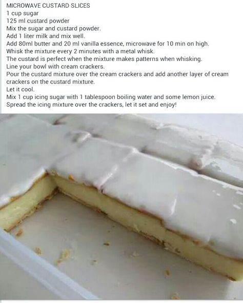 Microwave custard slice with cream crackers. Microwave Custard, Custard Slices, Custard Slice, Cream Crackers, African Dessert, Microwave Baking, African Cooking, Microwave Recipes, Fun Baking Recipes