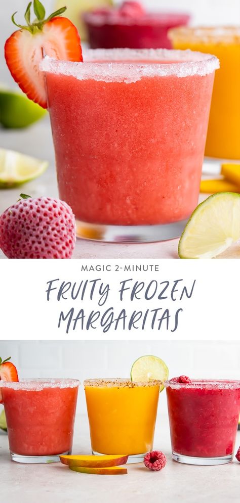 These frozen fruity margaritas are sheer magic! Made in 2 minutes with only 3 ingredients, you can have frozen margs anytime and in any flavor in a snap. They also keep well in the freezer, staying slushy and perfect for a last-minute (much-needed and well-deserved) cocktail! You'll love the secret ingredient that makes these frozen margaritas so versatile and a total snap to make. #tequila #cocktail #margarita #easy Frozen Fruit Margarita Recipe, At Home Margaritas Frozen, How To Make Frozen Margaritas At Home, Slushie Margarita Recipe, Homemade Margaritas Frozen, How To Make A Frozen Margarita, Frozen Margarita Ninja Creami, Margarita Recipes Blended, Single Serve Margarita Recipe