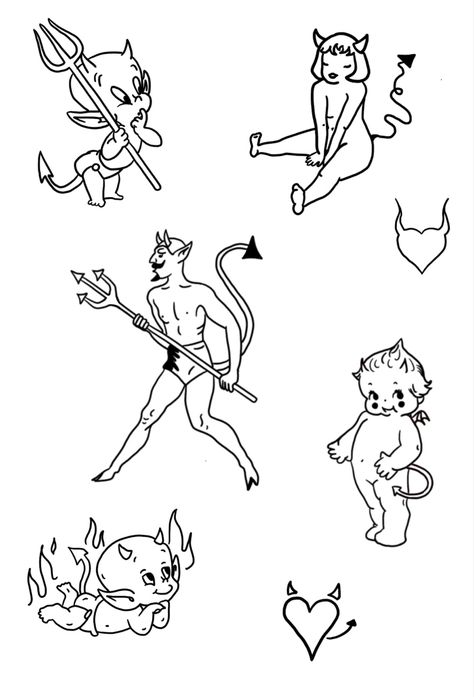 Hot Stuff The Little Devil Tattoo, Baby Devil Tattoo, Small Devil Tattoo, Little Devil Tattoo, Cute Devil Tattoo, Tattoo Devil, Patchwork Tattoo Ideas Drawings, Kewpie Tattoo, Devil Tattoo