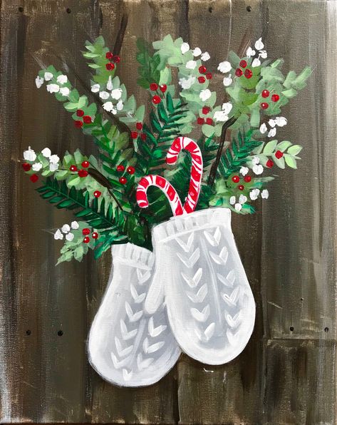 Small Christmas Acrylic Paintings, Christmas Flower Painting Acrylic, Christmas Diy Painting Ideas, Christmas Wreath Painting On Canvas, Christmas Paintings On Canvas Ideas, Christmas Painting Step By Step, Winter Paint Night Ideas, Easy Diy Christmas Paintings, Acrylic Christmas Paintings On Canvas