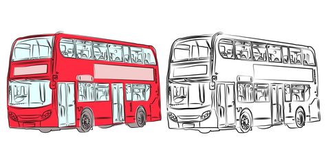 London double-decker modern bus in red and pencil drawing with front view. Red bus. Double Decker Bus Drawing, London Doors, Bus Drawing, Bus Art, Decker Bus, Red Bus, Double Decker Bus, London Bus, Cartoon Drawing