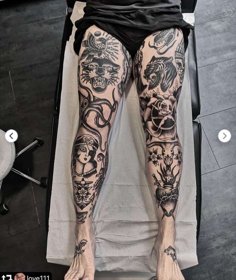 Upper Knee Tattoo Men, Hamstring Tattoo, Traditional Leg Tattoo, American Traditional Leg Sleeve, Traditional Leg Sleeve, Traditional Tattoo Leg Sleeve, Traditional Tattoo Black And White, Traditional Tattoo Drawings, Tattoo Pierna