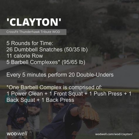 5 Rounds for Time; 26 Dumbbell Snatches (50/35 lb); 11 calorie Row; 5 Barbell Complexes* (95/65 lb); Every 5 minutes perform 20 Double-Unders; *One Barbell Complex is comprised of:; 1 Power Clean + 1 Front Squat + 1 Push Press + 1 Back Squat + 1 Back Press Barbell Complex Workouts, Barbell Complex, Wods Crossfit, Back Squat, Handstand Push Up, Background Story, Hiit Class, Wod Workout, Double Unders