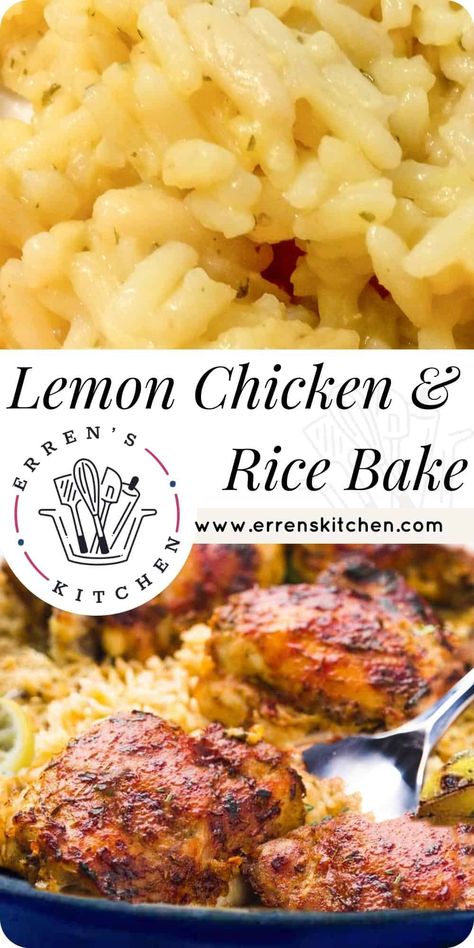 This easy one-pot recipe for Lemon Chicken & Rice Bake is a scrumptious dish made entirely from scratch and sure to please a crowd. Lemon Rice Chicken Bake, Lemon Chicken For A Crowd, Lemon Chicken Rice Recipe, Lemon Chicken Casserole Recipes, Lemon Chicken And Rice Recipes, Chicken Thigh Rice Bake, One Dish Chicken And Rice Bake, Baked Lemon Chicken And Rice, Lemon Rice Chicken