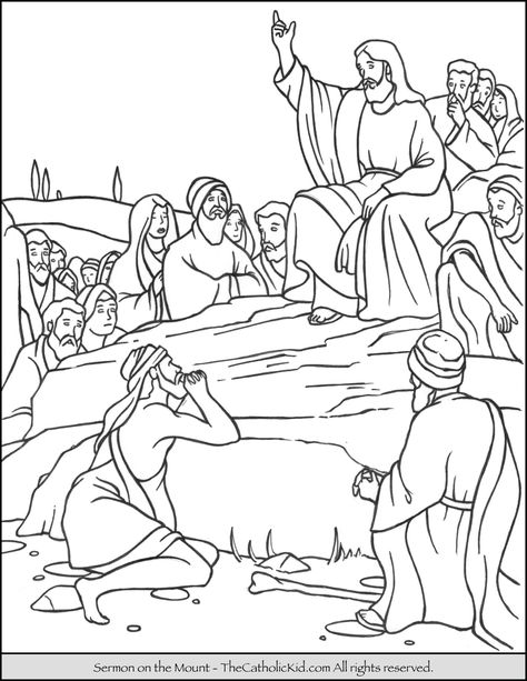 Sermon on the Mount Coloring Page: Now when Jesus saw the crowds, he went up on a mountainside and sat down. His disciples came to him, and he began to teach them. Good Shepard, Jesus Coloring Pages, Noahs Ark Animals, Sunday School Coloring Pages, Childrens Sermons, School Coloring Pages, Jesus Heals, Bible Coloring Pages, Catholic Kids