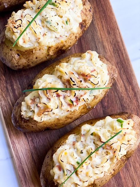 Boursin Cheese Twice Baked Potatoes - DeSocio in the Kitchen Fancy Twice Baked Potatoes, Boursin Twice Baked Potato, Double Stuffed Baked Potatoes, Boursin Potatoes, Vday Dinner, Double Baked Potatoes, Casserole Vegetable, Yummy Potatoes, Classic Mashed Potatoes