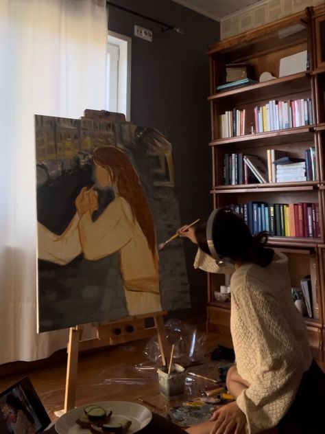 Dark Academia Painter Aesthetic, Dark Academia Artist Aesthetic, Dark Artist Aesthetic, Academia Painting, Dark Academia Painting, Dark Academia Art, Art Academia, Brunette Aesthetic, Art Studio Room