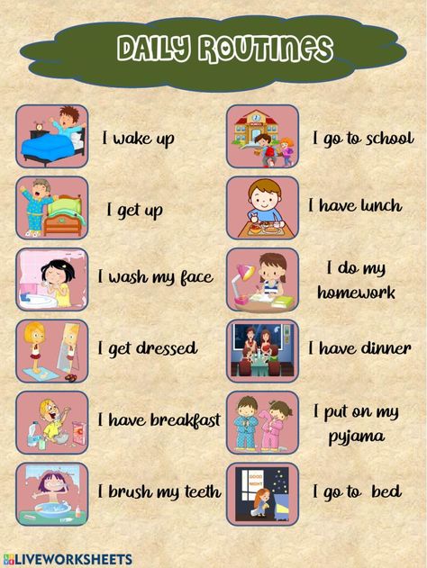 Daily Routine Worksheet, Exercise For, Daily Routine Activities, Daily Schedule Kids, English Fluency, Teach English To Kids, Learn English Speaking, English Skills, Grammar Tips