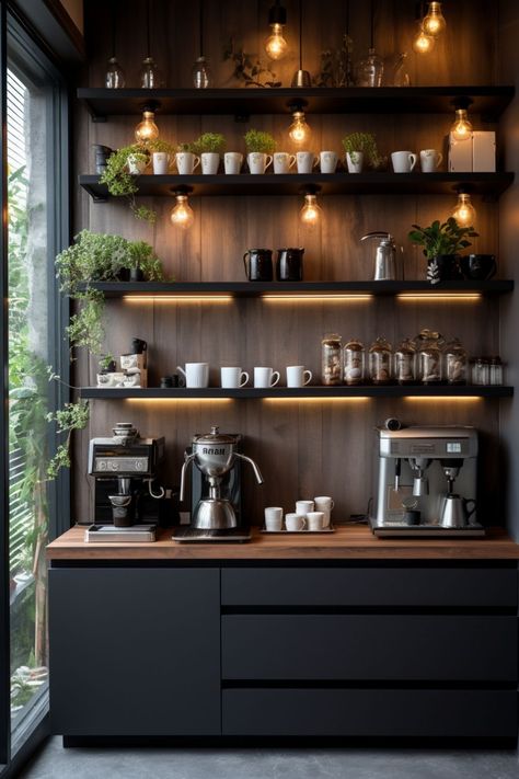 coffee bar ideas coffee aesthetic 
kitchen interior modern design house design home interior design Espresso Decor Ideas, Coffee Bar Chalkboard Wall, Ikea Breakroom, Waiting Room Drink Station, Coffee Bar In Basement, Coffee Station Decor Ideas, Office Drink Station, Kitchen Coffee Bar Station, Coffe Corners Ideas In Kitchen