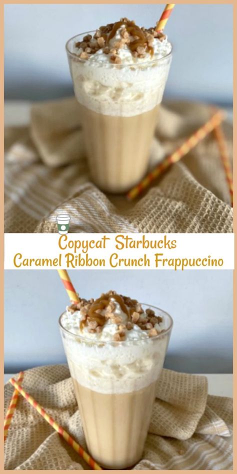 Diy Caramel Ribbon Crunch Frappuccino, Copycat Starbucks Caramel Ribbon Crunch, Caramel Ribbon Crunch Frappuccino Recipe, Caramel Ribbon Crunch Frappuccino, Ribbon Crunch Frappuccino, Caramel Ribbon Crunch, Copycat Drinks, Starbucks Caramel Frappuccino, Copycat Starbucks Drinks