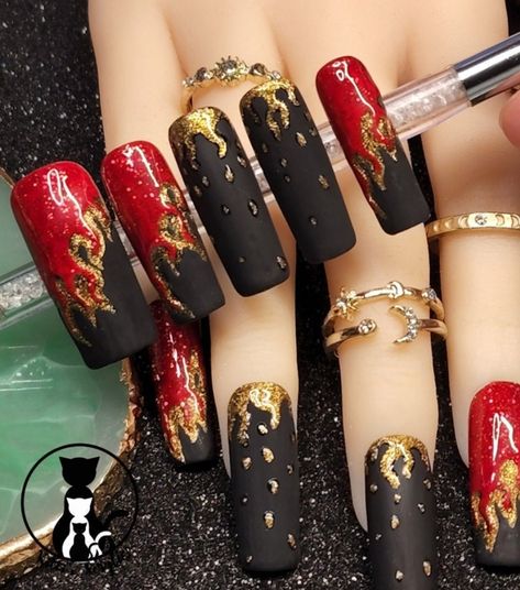 Black Red Gold Nails Art Designs, Fire Work Nail Design, Black Red And Yellow Nails, Black Red Gold Nails, Black Red And Gold Nails, Red Black And Gold Nails, Red Sparkle Nails, Almond Nails Red, Red White Blue Nails