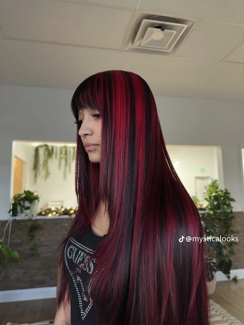 Red Hair With Black Highlights, Hair Inspo Y2k, Red Skunk Stripe, Red Chunky Highlights, Red Hair Streaks, Black Hair With Red Highlights, Alternative Hairstyles, Hair Trends 2024, Red Hair Looks