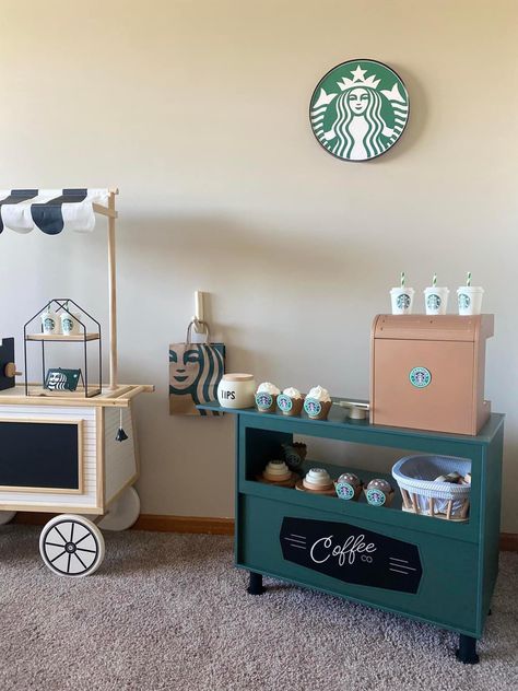 Pretend Play Playroom Ideas, Pretend Play Cafe, Indoor Play Business, Pretend Play Playroom, Starbucks Playhouse, Kids Cafe Interior, She Shed Decorating Ideas, Kids Party Props, Loft Playroom