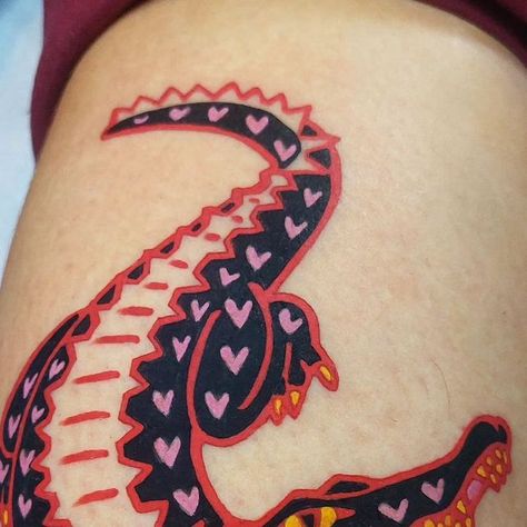 Joe Dakin on Instagram: "Really fun Alligator for @j.rose.hicks thank you so much! 💕🤗💕 #alligator #alligatortattoo #gator #gatortattoo #eatenalive" Baby Alligator Tattoo, Alligator Line Tattoo, Gator Traditional Tattoo, See You Later Alligator Tattoo, American Traditional Alligator Tattoo, Traditional Style Alligator Tattoo, Gator Head Tattoo, Gator Tattoo, Later Alligator Tattoo