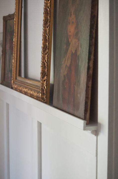 Chair Rail Ledge Shelf, Vintage Picture Ledge, Picture Ledge Molding, Ledge Around Room, Diy Picture Shelf Ledge, Wainscoting With Picture Ledge, Beadboard Picture Ledge, Ledge Above Front Door, Wood Detail On Walls