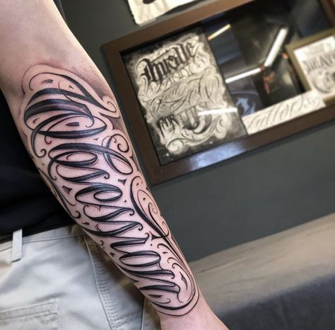 Forearm Lettering Tattoo Men, Typographic Tattoo, Name Tattoos On Arm, Names Tattoos For Men, Cursive Tattoos, Men Tattoos Arm Sleeve, Lettering Tattoo, Eagle Tattoos, Calligraphy Words