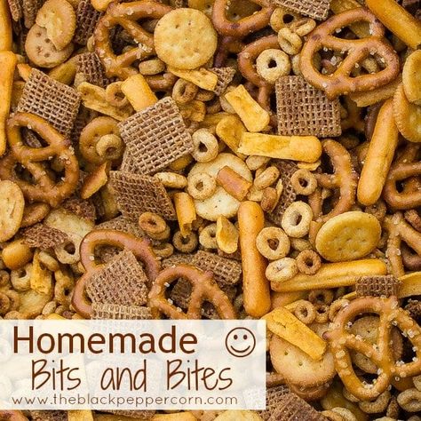 Homemade Bits and Bites Recipe - Shreddies, Cheerios, Cheese Bits, Pretzels and more - Make Bits and Bites mix at home with this simple recipe. Shreddies, Cheerios, Cheese Bits, Ritz, Pretzels, Chex and mixed with butter, worchestershire sauce, tabasco and spices Bits And Bites Recipe, Turkey Roasting Pan, Bits And Bites, Chex Snack Mix, Actifry Recipes, Chex Mix Recipes, Snack Mix Recipes, Chex Mix, Salty Snacks