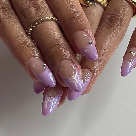 Purple Birthday Nails Almond, Birthday Nails Purple Art Designs, Speak Now Nails Taylor Swift Purple, Repunzle Nail Ideas, Glinda Nails Wicked, Purple Nail Designs Almond, Almond Nails Designs Purple, Purple Acrylic Nails Almond, Lavender Color Nails