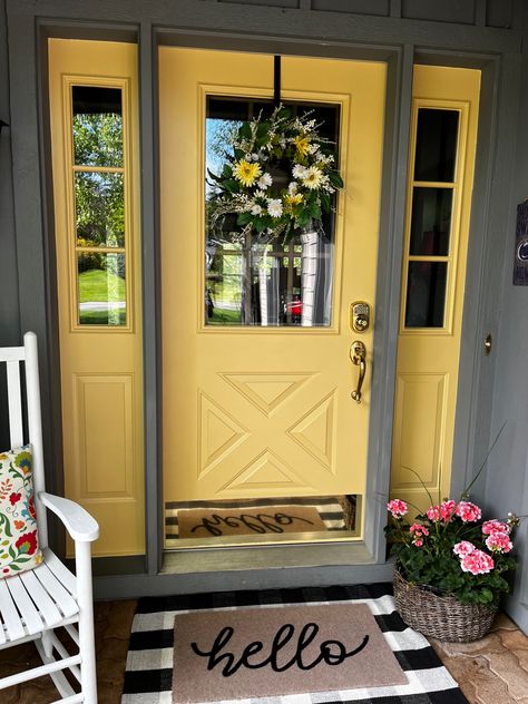 Farmhouse With Yellow Door, Yellow Front Door Tan House, Yellow Entry Door, Hubbard Squash Sherwin Williams, Yellow Door Exterior, Mustard Yellow Door, Yellow Front Door Colors, Front Door Yellow, Hubbard Squash