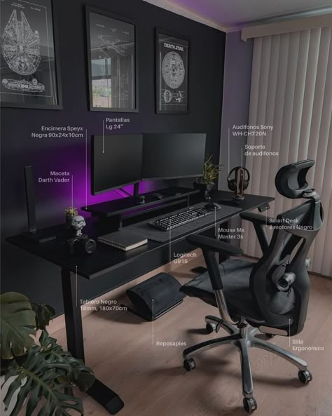 Black Gamer Room, Pc Gaming Setup Black, Desk Ideas Black, Trading Office Setup, Black Pc Setup, Computer Setup Aesthetic, Black Gaming Setup, Black Desk Setup, Home Office Gamer