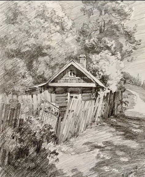 Color Art Lessons, Landscape Pencil Drawings, Pen Art Work, Perspective Drawing Architecture, Pencil Sketch Drawing, Nature Sketch, Landscape Sketch, House Sketch, Charcoal Art