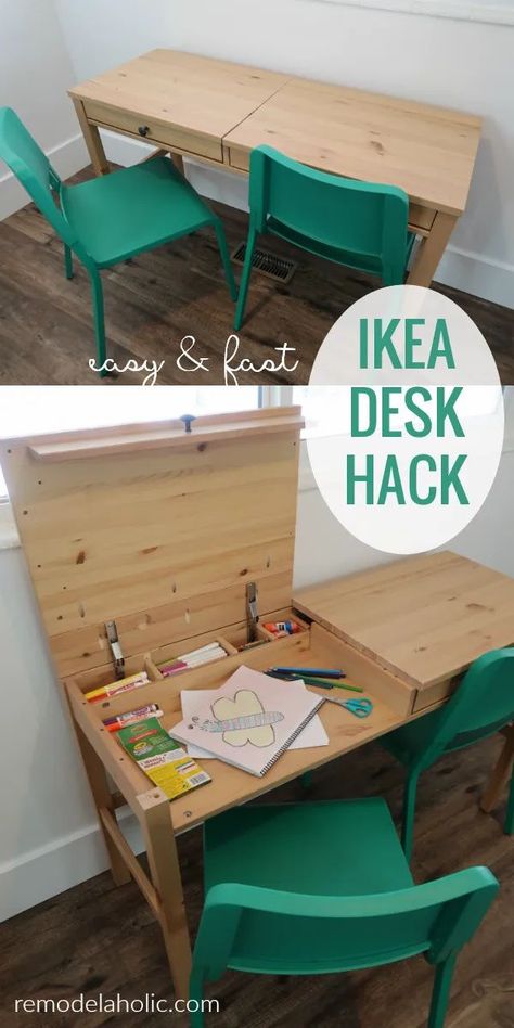 Easy And Fast IKEA Desk With Faux Drawer Fronts To Hike Kids Art Station With Storage #remodelaholic #homeschool #deskideas #deskhack #home Ikea Hemnes Desk, Hemnes Desk, Playroom Desk, Kids Art Station, Diy Kids Desk, Diy Kallax, Diy Bureau, Kids Homework Station, Kids Desk Storage