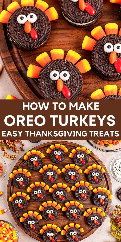 No bake Oreo turkey cookies! This simple dessert is perfect for the holiday season, requiring just a handful of ingredients Oreo cookies, candy corn, and chocolate. Not only are these cute Oreo turkeys easy to make, but they also make a great project for kids to get involved with during the holidays. Perfect as a Thanksgiving party dessert, these sweet treats are sure to delight both kids and adults. Try these fun, easy-to-make Oreo turkey cookies this Thanksgiving! Thanksgiving Oreo Cookie Turkey, Easy Thanksgiving Classroom Treats, Fun Things To Make For Thanksgiving, Fun And Easy Thanksgiving Desserts, Oreo Candy Corn Turkey, Thanksgiving Preschool Party Food, Candy Corn Turkey Craft, Thankgiving Food Ideas, Thanksgiving Dessert For Kids To Make