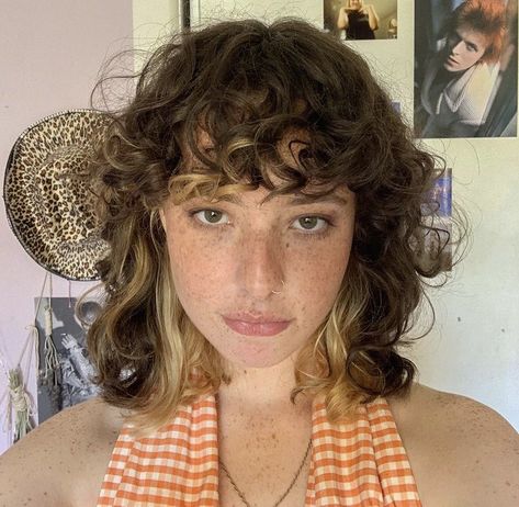 Short Hair Curly Styles For Women, Short Curly Brown Hair With Blonde Highlights, Curly Hair With Blonde Underneath, Curly Hair Blonde Underneath, Short Curly Haircuts Natural, Short Curly Hair Blonde, Curly Fringe Bangs, Curly Roots, Short Curly Shag