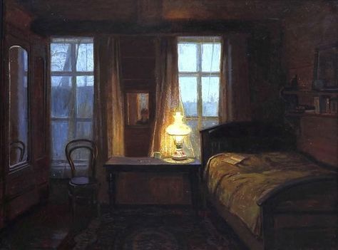 "Twilight Interior in the Small Hours" by George Clausen (1911). Oil on canvas. British painter. #artinteriors #britishpainting #paintings Twilight Interior, George Clausen, Interior Paintings, English Artists, Classical Art, Interior Art, Old House, Classic Art, Aesthetic Art