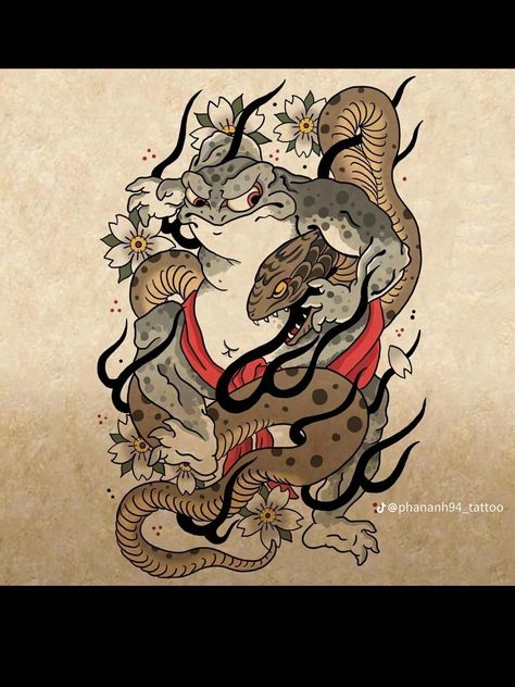 Gashadokuro Tattoo, Japanese Frog Tattoo, Traditional Japanese Tattoo Flash, Japanese Snake Tattoo, Japanese Tiger Tattoo, Japanese Tiger, Japan Tattoo Design, Frog Tattoos, Traditional Japanese Tattoos