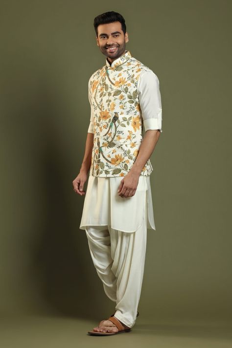 Buy Beige Silk Blend Printed Floral Bundi And Kurta Set For Men by Kora By Nilesh Mitesh Online at Aza Fashions. Pleated Salwar, Kurta Set For Men, Beige Silk, Nehru Jackets, Kurta Set, Bird Prints, Aza Fashion, Destination Wedding, Types Of Sleeves