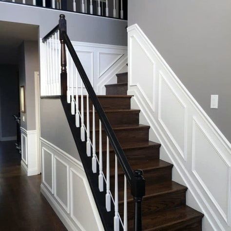 Top 70 Best Chair Rail Ideas - Molding Trim Interior Designs Dining Room Chair Rail Ideas, Chair Rail And Wallpaper, Dining Room Chair Rail, Chair Rail Ideas, Trim Molding Ideas, Stairway Ideas, Stairs Trim, Wallpaper Hallway, Millwork Wall