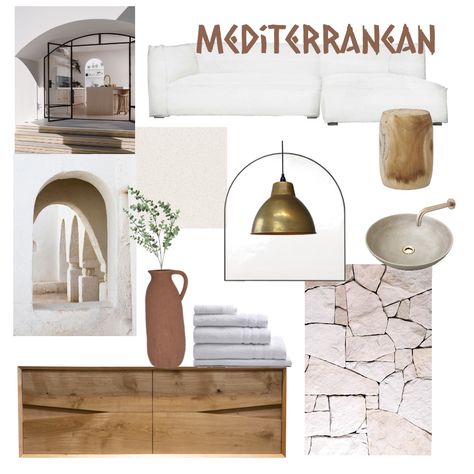 Mediterranean Interior Design Style Mood Board, White Mediterranean Interior, Modern Mediterranean Interior Design Mood Board, Mediterranean Colour Scheme, Mediterran Interior, Mood Board Mediterranean, Mediterranean Mood Board, Modern Medditerean Decor, Mediterranean Interior Design Style