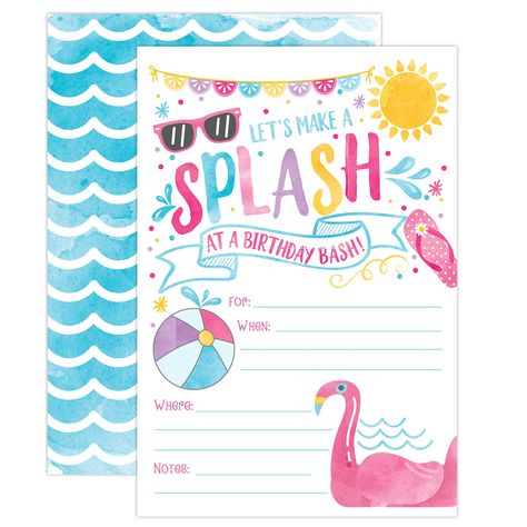 Girl Pool Party Birthday Invitations, Summer Pool Party Bash, Splash Pad, Water Park Invites, 20 Fill In Pool Party Invitations With Envelopes *** See this great product. (This is an affiliate link) Summer Birthday Party Invitations, Summer Party Diy, Flamingo Birthday Invitations, Pool Party Invitation Template, Pool Party Themes, Pool Party Kids, Pool Party Birthday Invitations, 50th Birthday Party Invitations, Summer Party Invitations