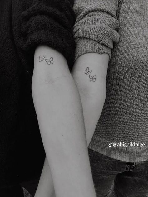 Small Matching Tattoos Butterfly, Maching Tattoos Butterfly, Matching Tattoos For Best Friends Butterflies, Matching Small Tattoos Sister Tat, Sister's Tattoos Matching, Non Matching Sister Tattoos, Cute Tattoo Ideas For Sisters, Tattoos About Sisters, Cute Matching Butterfly Tattoos