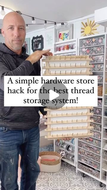 Missy Luukkonen on Instagram: "This is the easiest hardware store hack for storing your spools of thread!  Mike came up with this idea and it’s pretty brilliant.  I have 2 words for you…  Drawer slides.   That’s it!   Apply drawer slides to the back of those wooden thread spool holders that you can get @joann_stores for the perfect thread storage!   It’s easy to get to, but yet your thread rack is out of the way!   Save and share this post for later so you can do this too!!  #thread #sewing #sewingthread #joannfabrics #madewithjoann #craftroomorganization #craftroomstorage #storageandorganization #creativespace #quiltroom #sewingstudio" Sewing Thread Storage Ideas Diy, Pegboard Thread Storage, Sewing Spool Storage, Drawer Thread Organizer, Thread Holder Ideas, Thread Spool Storage, Floss Organization Ideas, Thread Organization Ideas, Sewing Thread Storage Ideas