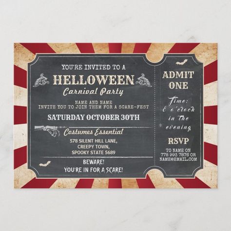 HELLoween Halloween Party Circus Horror Ticket Invitation - halloween invitations wbg Circus Horror, Halloween Invite, Costume Party Invitations, Horror Party, Invitation Halloween, Carnival Halloween, Halloween Invitation, Party Names, Ticket Invitation